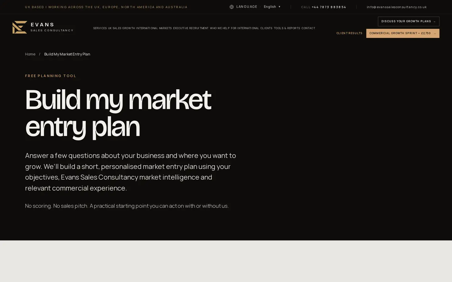The Build My Market Entry Plan tool on the Evans website
