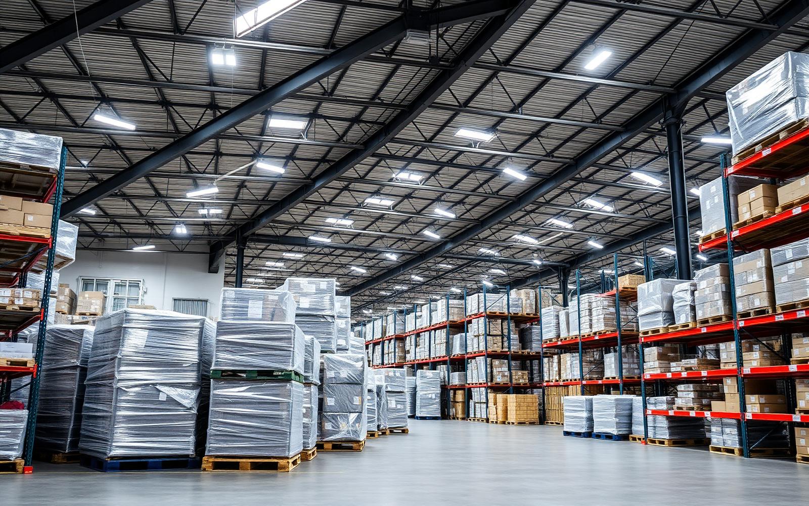 Distribution warehouse with palletised goods ready for dispatch