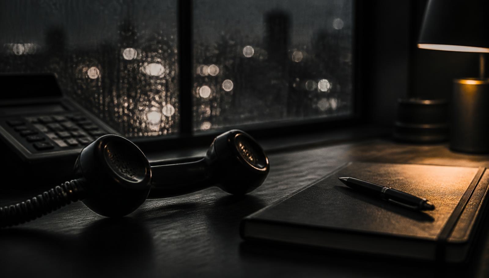 A telephone and notebook on a dark desk