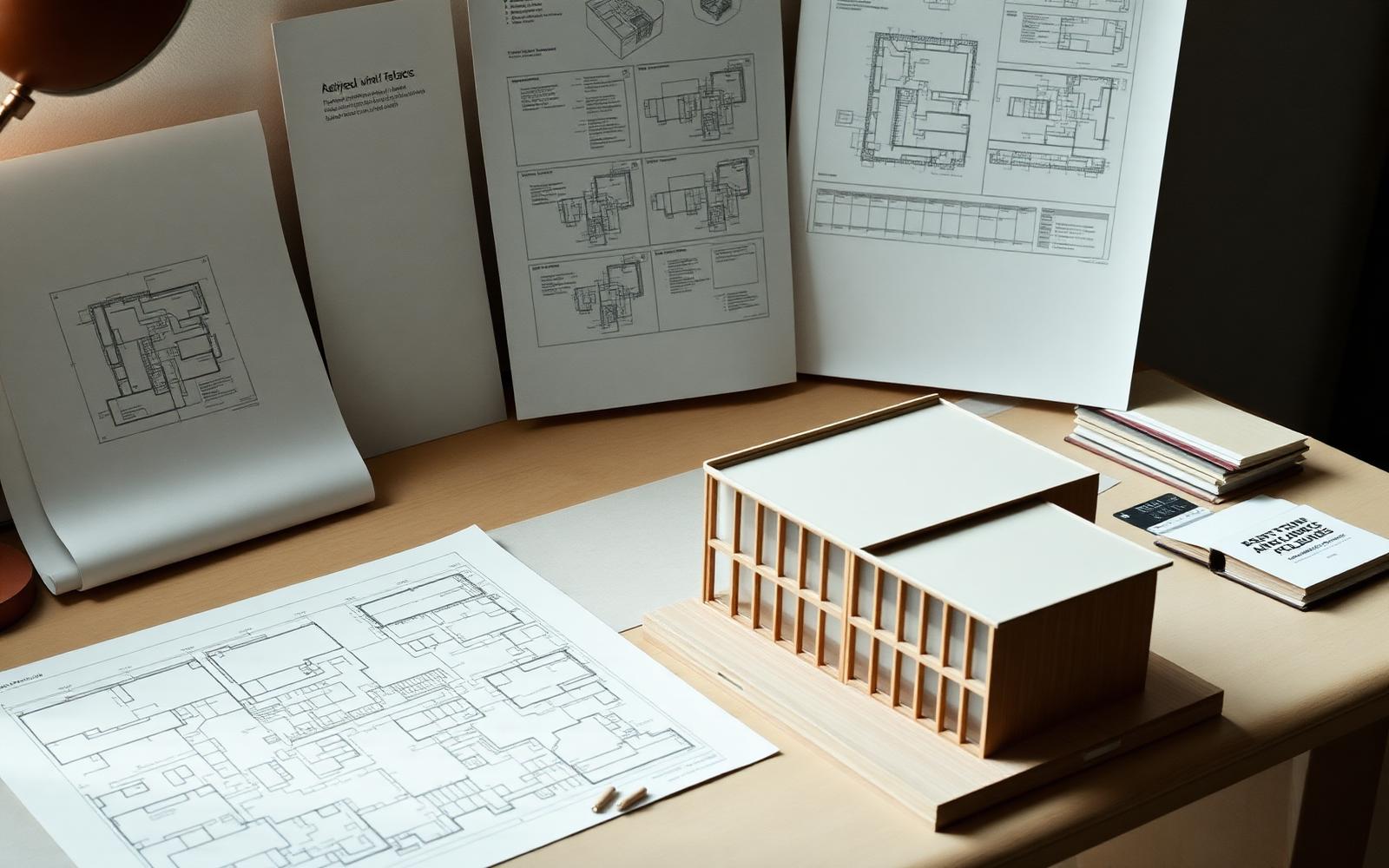 Architectural drawings and specification documents on a desk
