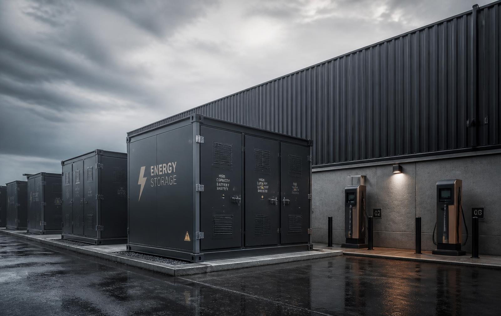 Industrial battery storage units and EV charging infrastructure at a commercial site