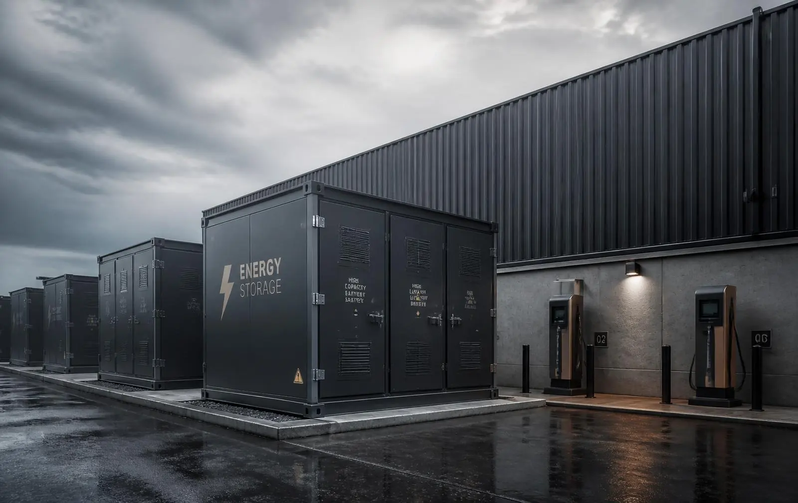 Battery storage units and EV charging points beside a modern industrial building