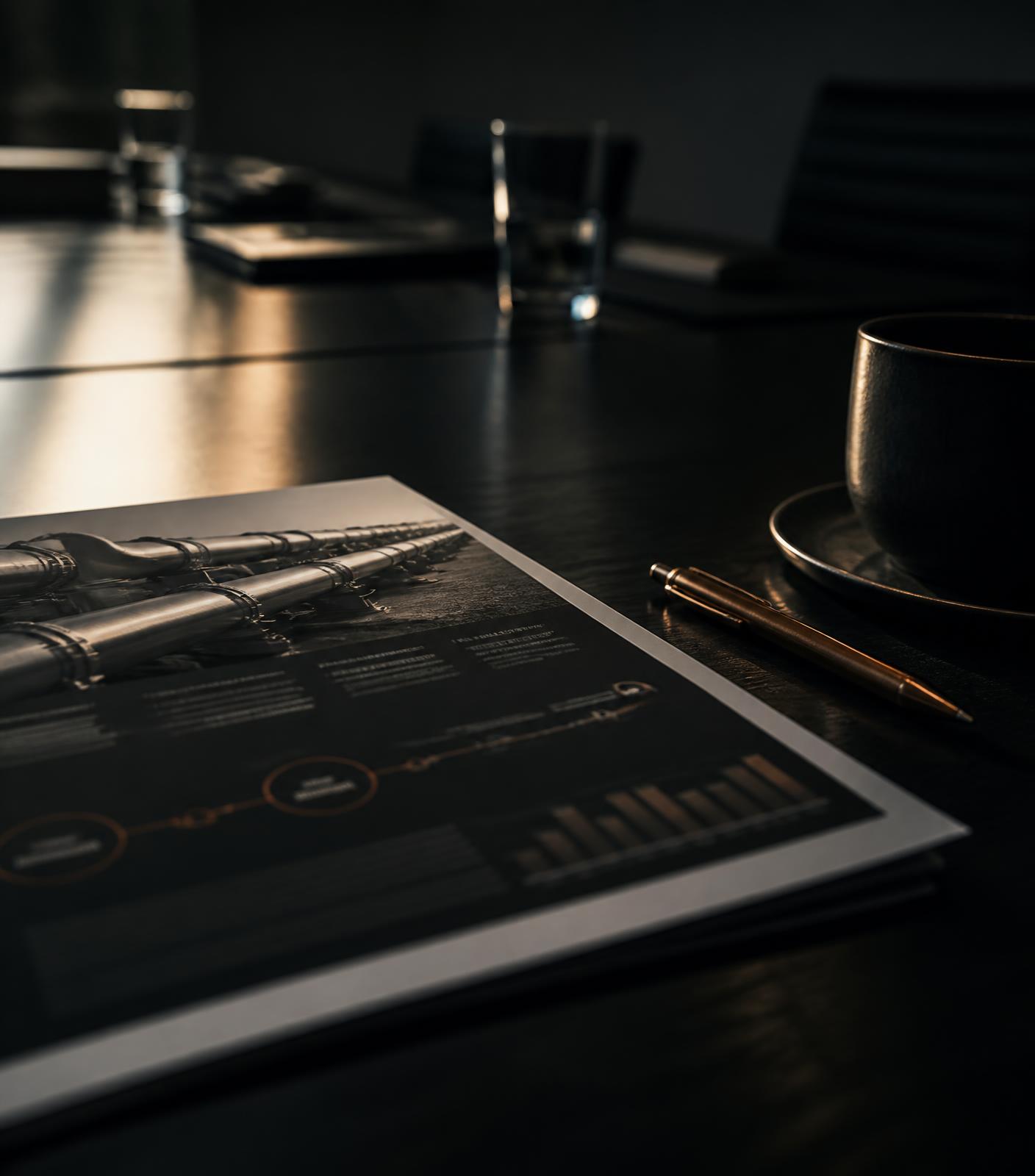 A sales pipeline report on a dark boardroom table
