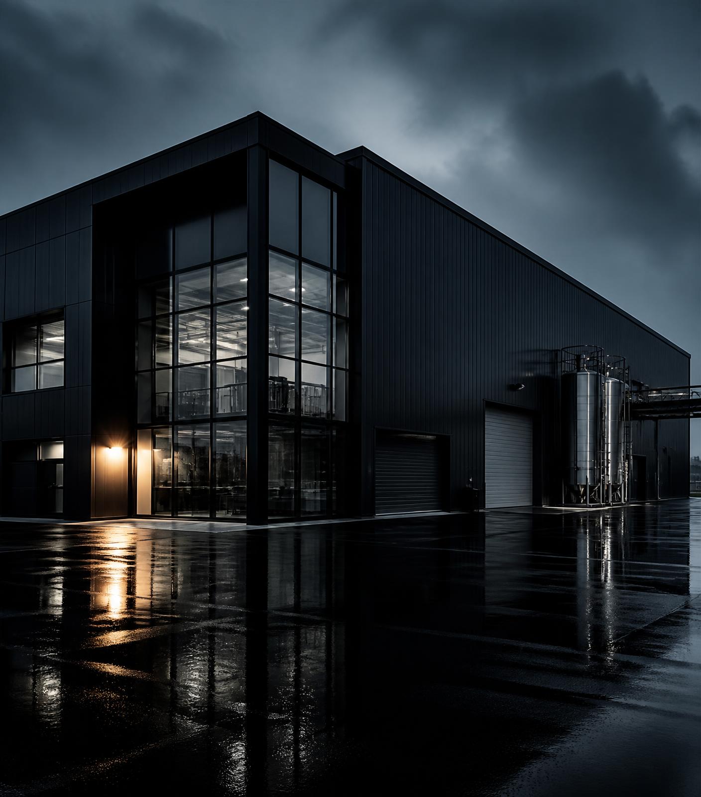 A modern manufacturing facility lit at dusk