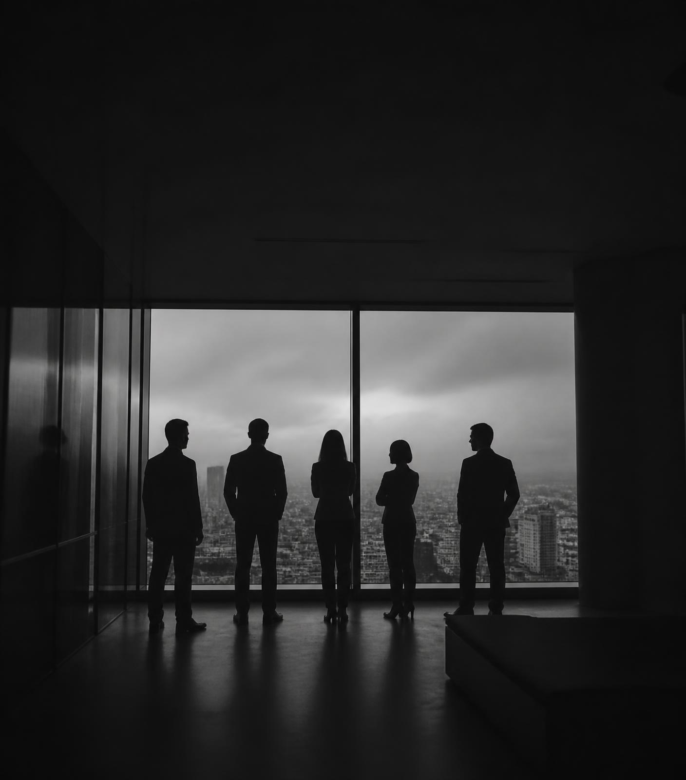 A sales team silhouetted against an office window