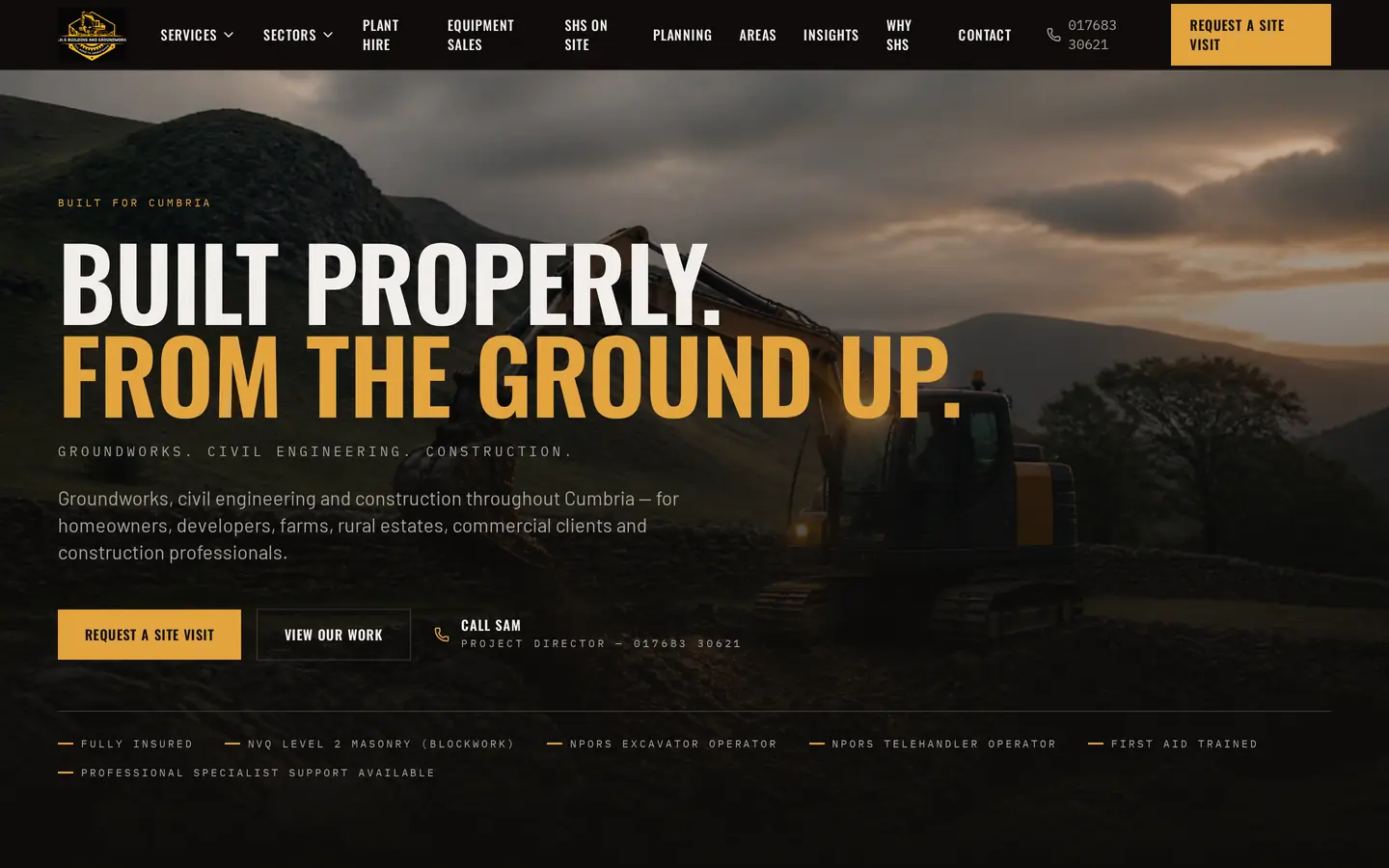 The SHS Cumbria homepage showing its groundworks proposition